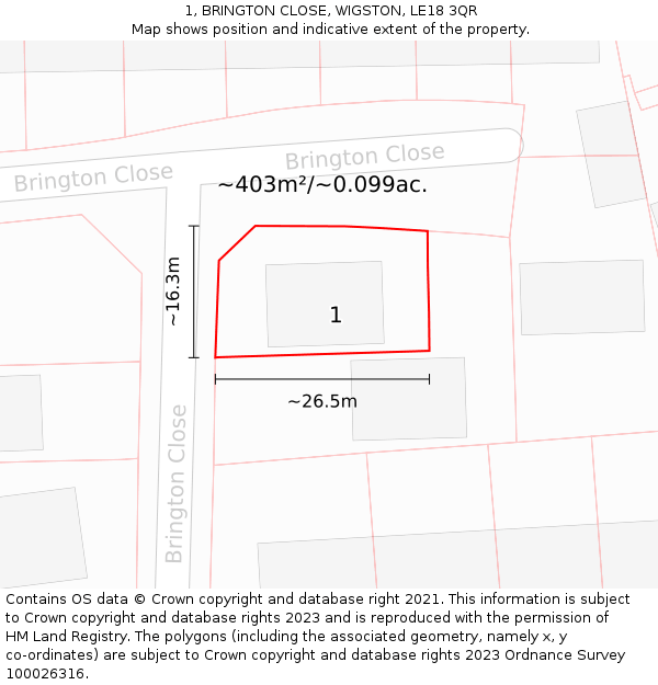 1, BRINGTON CLOSE, WIGSTON, LE18 3QR: Plot and title map