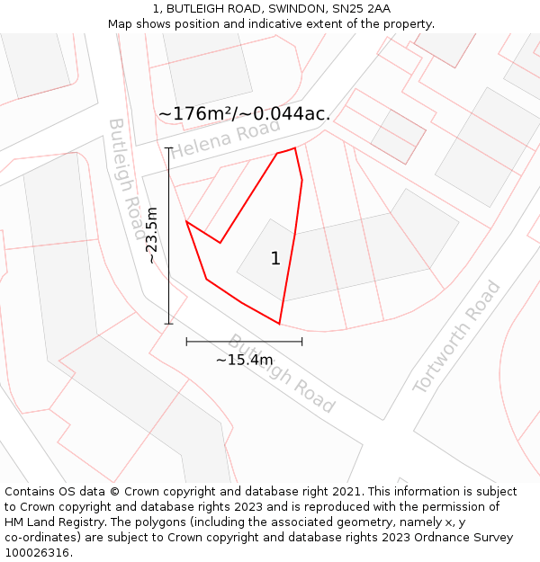 1, BUTLEIGH ROAD, SWINDON, SN25 2AA: Plot and title map