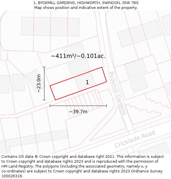 1, BYDEMILL GARDENS, HIGHWORTH, SWINDON, SN6 7BS: Plot and title map