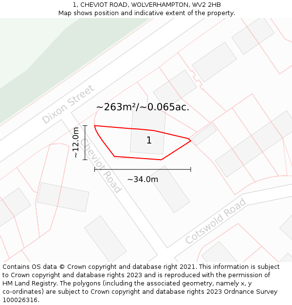 1, CHEVIOT ROAD, WOLVERHAMPTON, WV2 2HB: Plot and title map