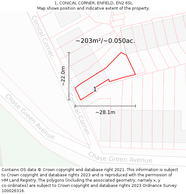 1, CONICAL CORNER, ENFIELD, EN2 6SL: Plot and title map