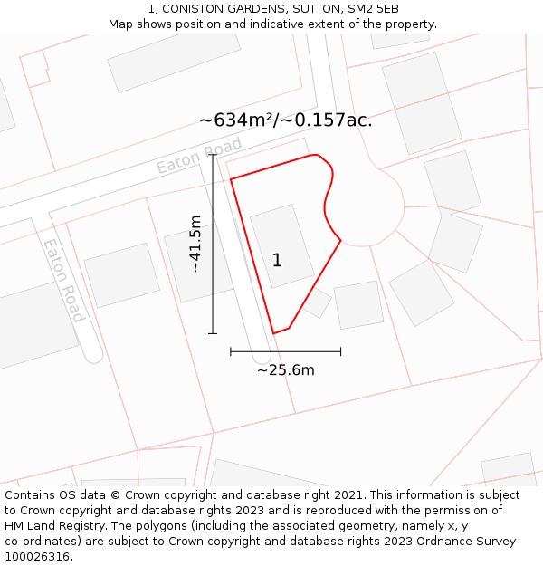 1, CONISTON GARDENS, SUTTON, SM2 5EB: Plot and title map