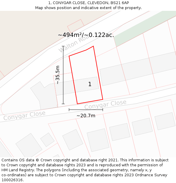 1, CONYGAR CLOSE, CLEVEDON, BS21 6AP: Plot and title map