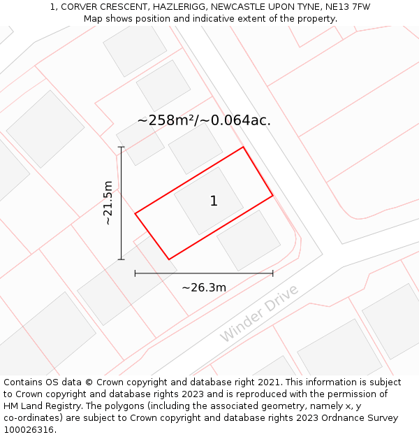1, CORVER CRESCENT, HAZLERIGG, NEWCASTLE UPON TYNE, NE13 7FW: Plot and title map