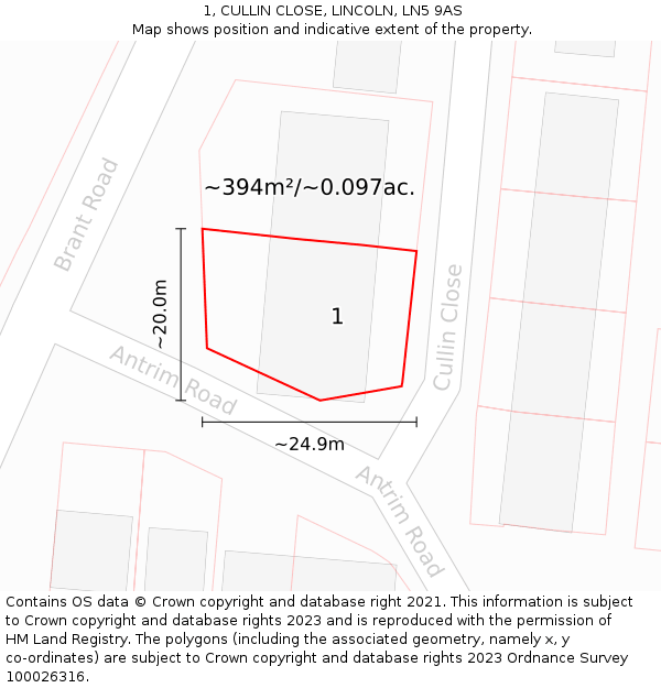 1, CULLIN CLOSE, LINCOLN, LN5 9AS: Plot and title map