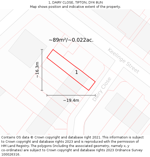 1, DAIRY CLOSE, TIPTON, DY4 8UN: Plot and title map