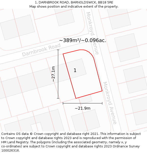 1, DARNBROOK ROAD, BARNOLDSWICK, BB18 5RE: Plot and title map