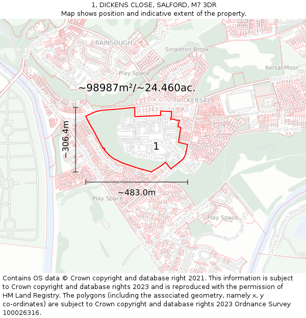 1, DICKENS CLOSE, SALFORD, M7 3DR: Plot and title map