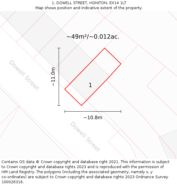1, DOWELL STREET, HONITON, EX14 1LT: Plot and title map