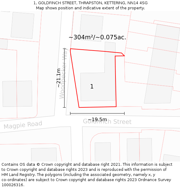 1, GOLDFINCH STREET, THRAPSTON, KETTERING, NN14 4SG: Plot and title map