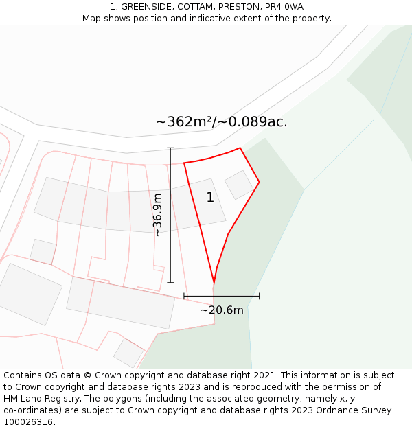 1, GREENSIDE, COTTAM, PRESTON, PR4 0WA: Plot and title map