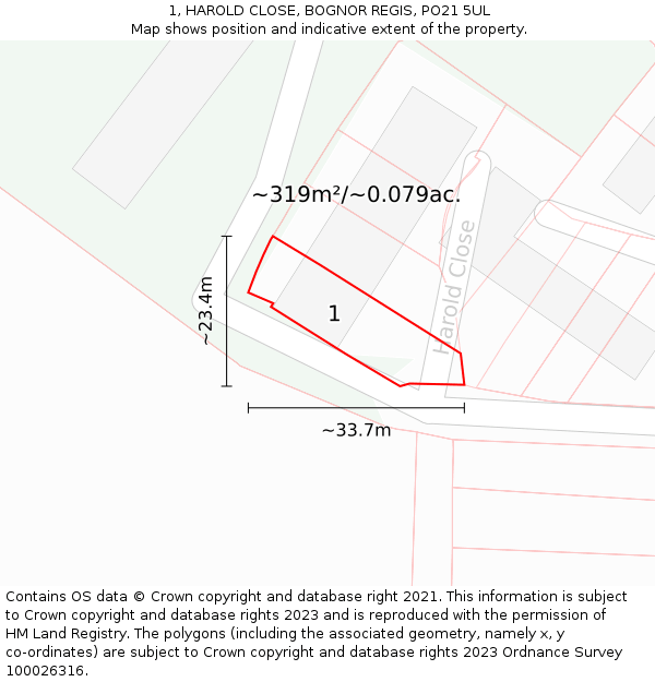 1, HAROLD CLOSE, BOGNOR REGIS, PO21 5UL: Plot and title map