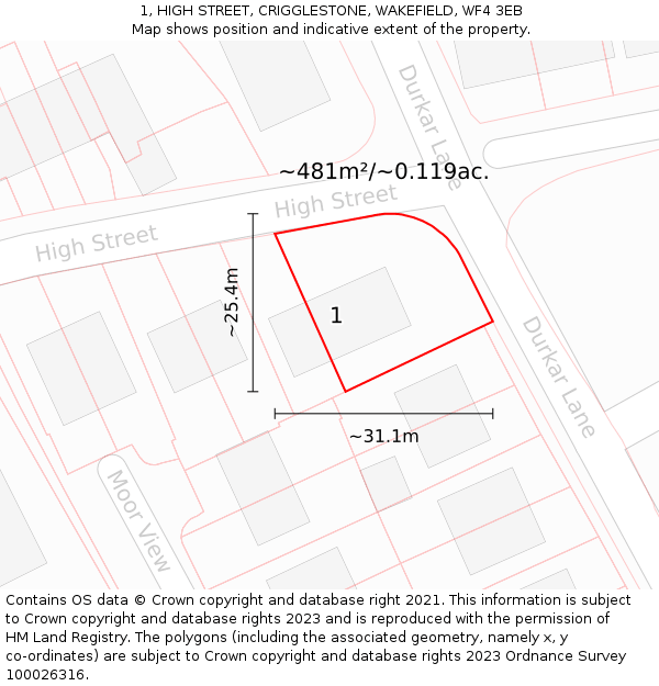 1, HIGH STREET, CRIGGLESTONE, WAKEFIELD, WF4 3EB: Plot and title map