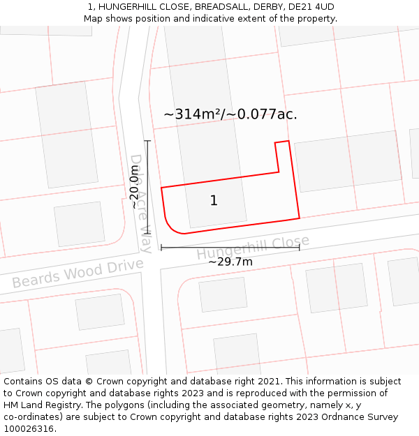 1, HUNGERHILL CLOSE, BREADSALL, DERBY, DE21 4UD: Plot and title map