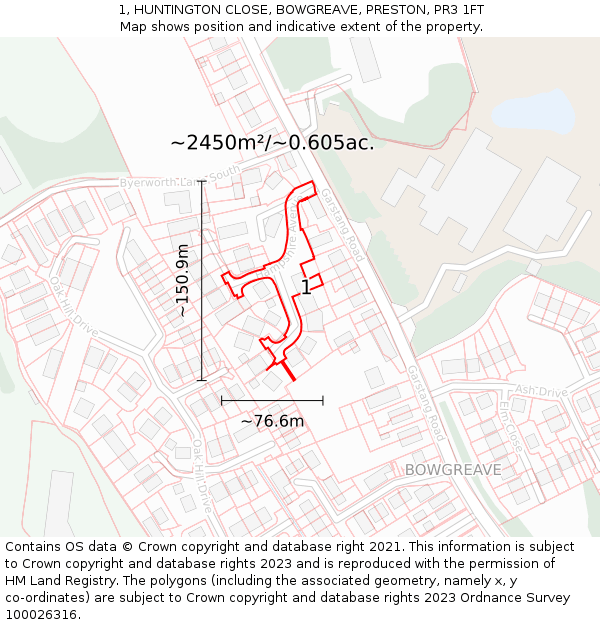 1, HUNTINGTON CLOSE, BOWGREAVE, PRESTON, PR3 1FT: Plot and title map