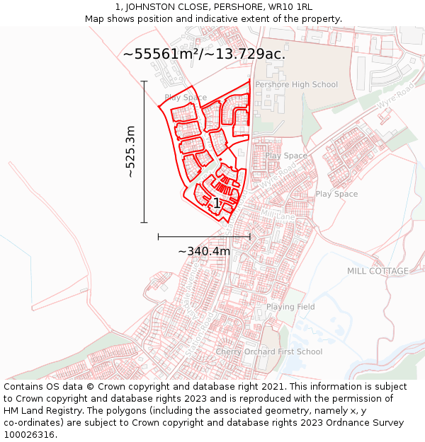 1, JOHNSTON CLOSE, PERSHORE, WR10 1RL: Plot and title map