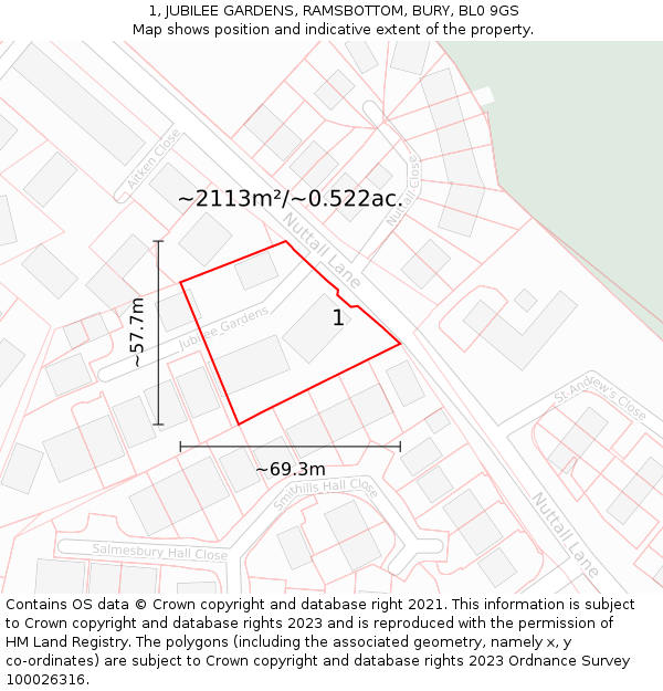1, JUBILEE GARDENS, RAMSBOTTOM, BURY, BL0 9GS: Plot and title map