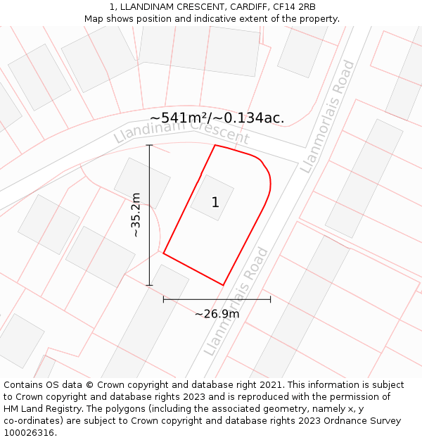 1, LLANDINAM CRESCENT, CARDIFF, CF14 2RB: Plot and title map
