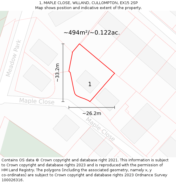 1, MAPLE CLOSE, WILLAND, CULLOMPTON, EX15 2SP: Plot and title map