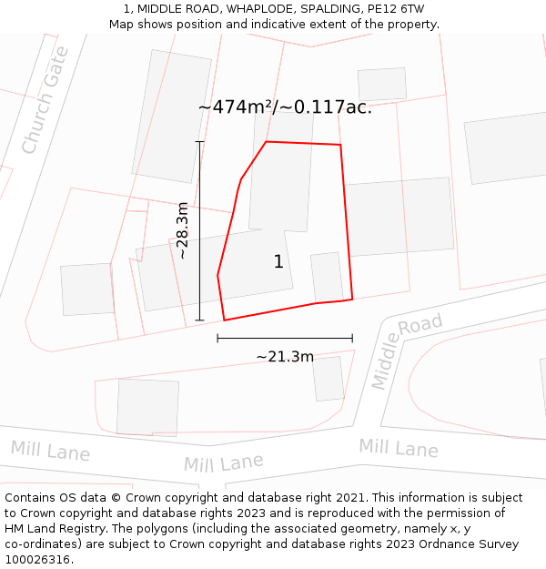 1, MIDDLE ROAD, WHAPLODE, SPALDING, PE12 6TW: Plot and title map