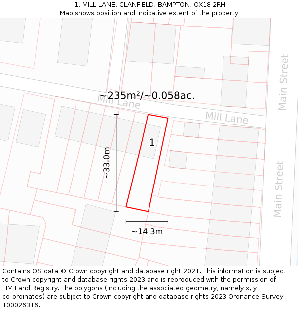 1, MILL LANE, CLANFIELD, BAMPTON, OX18 2RH: Plot and title map