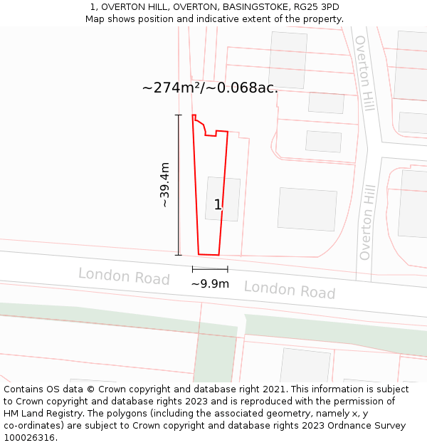 1, OVERTON HILL, OVERTON, BASINGSTOKE, RG25 3PD: Plot and title map