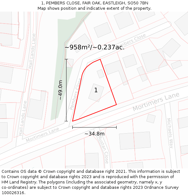 1, PEMBERS CLOSE, FAIR OAK, EASTLEIGH, SO50 7BN: Plot and title map