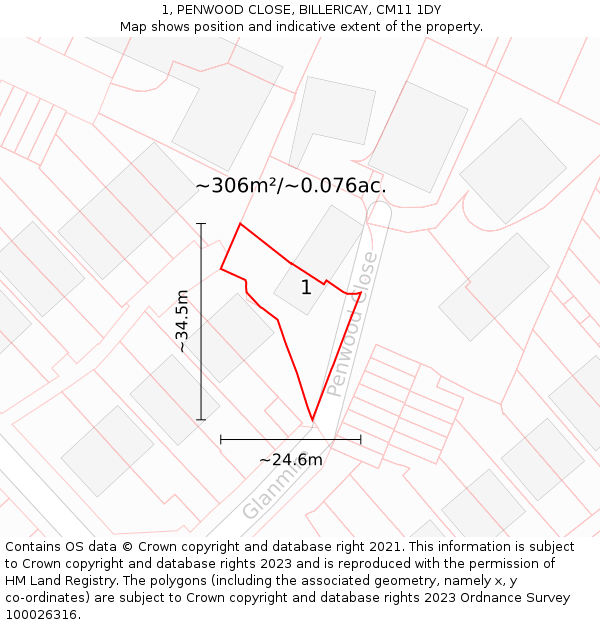 1, PENWOOD CLOSE, BILLERICAY, CM11 1DY: Plot and title map
