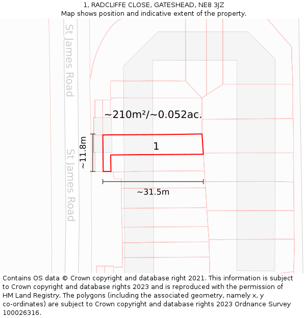 1, RADCLIFFE CLOSE, GATESHEAD, NE8 3JZ: Plot and title map
