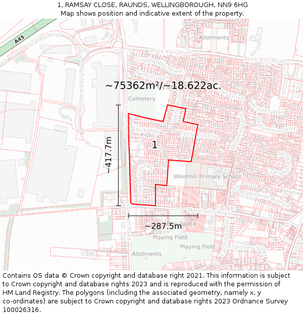 1, RAMSAY CLOSE, RAUNDS, WELLINGBOROUGH, NN9 6HG: Plot and title map