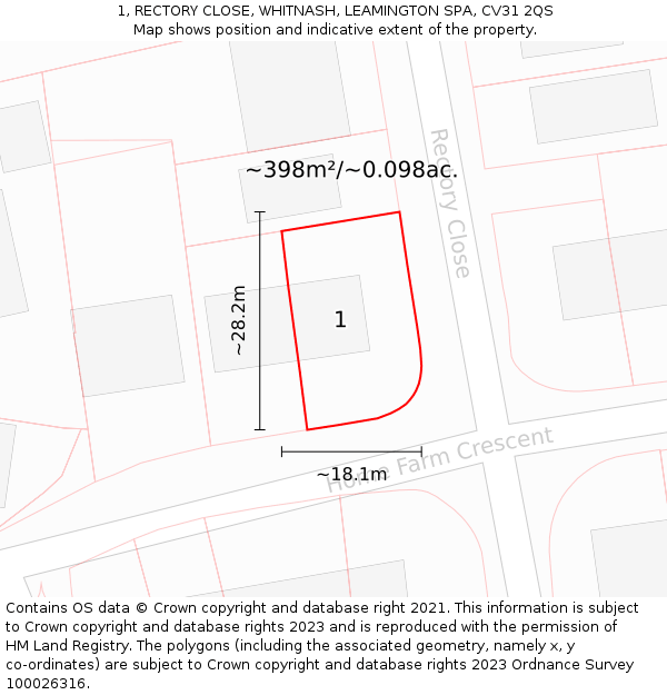 1, RECTORY CLOSE, WHITNASH, LEAMINGTON SPA, CV31 2QS: Plot and title map