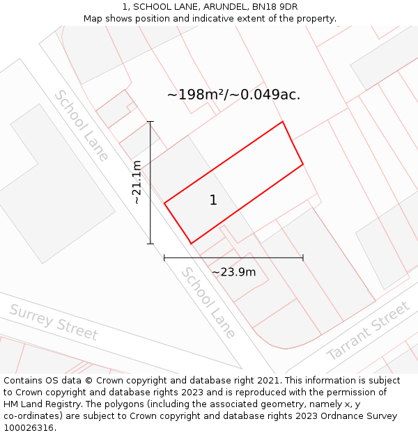 1, SCHOOL LANE, ARUNDEL, BN18 9DR: Plot and title map