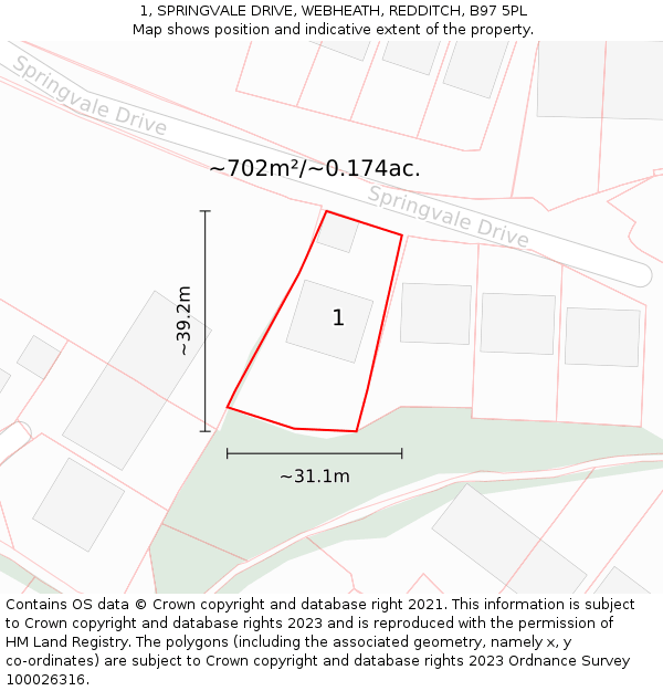 1, SPRINGVALE DRIVE, WEBHEATH, REDDITCH, B97 5PL: Plot and title map