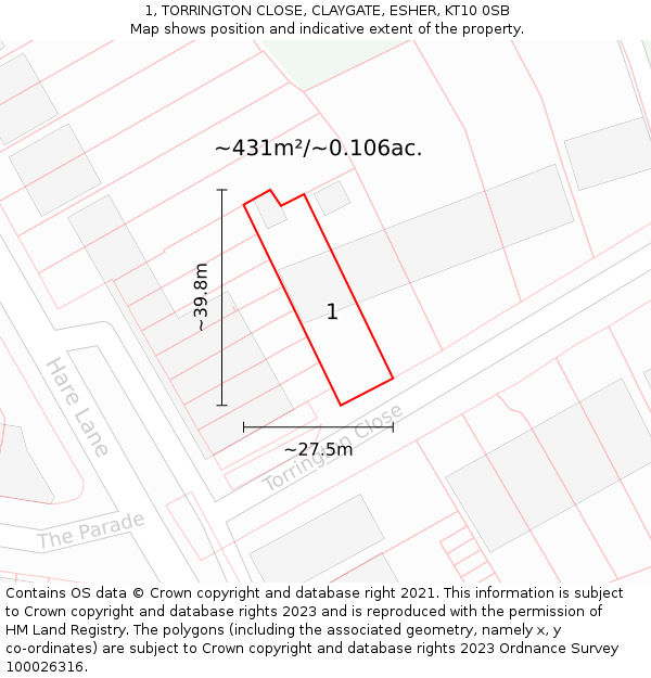 1, TORRINGTON CLOSE, CLAYGATE, ESHER, KT10 0SB: Plot and title map
