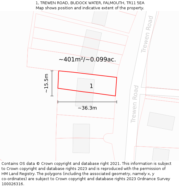 1, TREWEN ROAD, BUDOCK WATER, FALMOUTH, TR11 5EA: Plot and title map