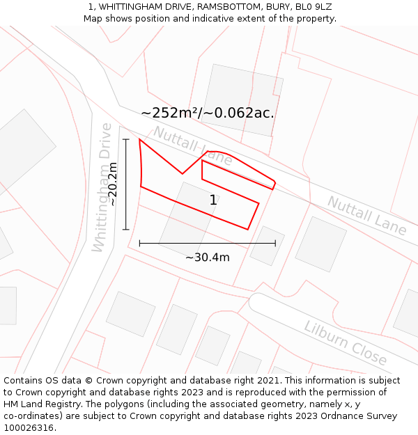 1, WHITTINGHAM DRIVE, RAMSBOTTOM, BURY, BL0 9LZ: Plot and title map