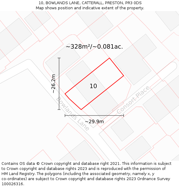 10, BOWLANDS LANE, CATTERALL, PRESTON, PR3 0DS: Plot and title map