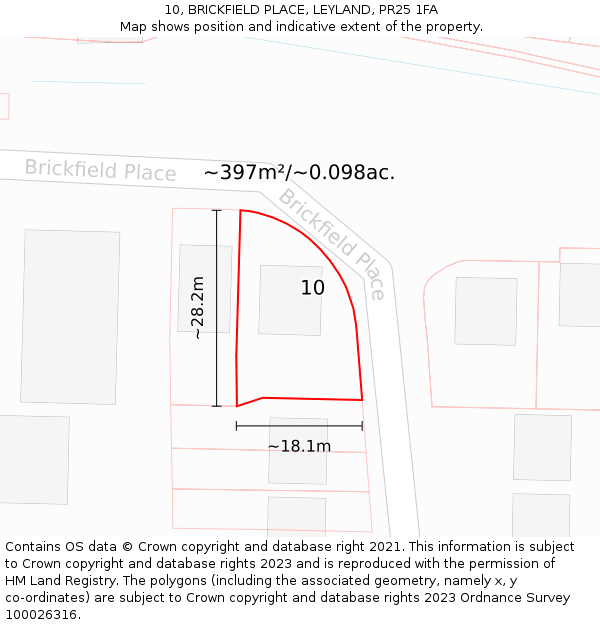 10, BRICKFIELD PLACE, LEYLAND, PR25 1FA: Plot and title map