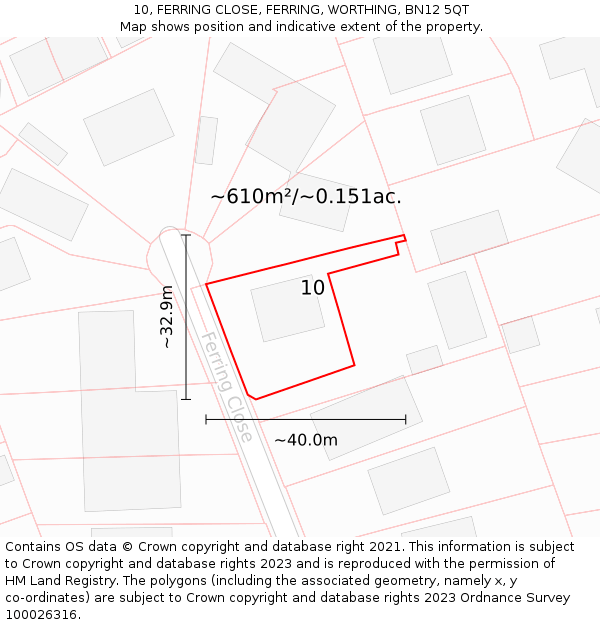 10, FERRING CLOSE, FERRING, WORTHING, BN12 5QT: Plot and title map