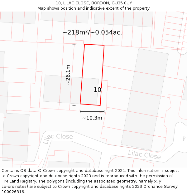 10, LILAC CLOSE, BORDON, GU35 0UY: Plot and title map
