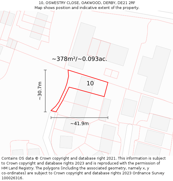 10, OSWESTRY CLOSE, OAKWOOD, DERBY, DE21 2RF: Plot and title map
