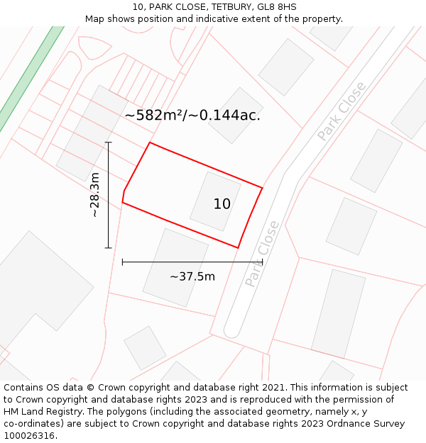 10, PARK CLOSE, TETBURY, GL8 8HS: Plot and title map