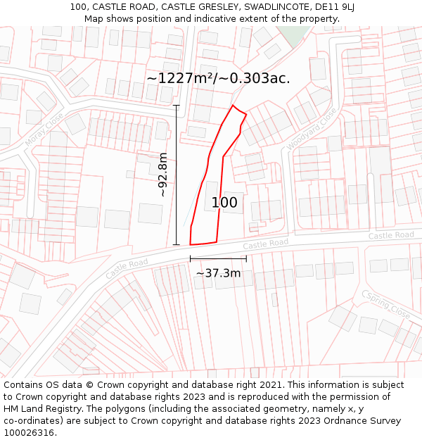 100, CASTLE ROAD, CASTLE GRESLEY, SWADLINCOTE, DE11 9LJ: Plot and title map