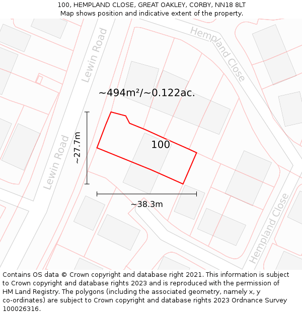 100, HEMPLAND CLOSE, GREAT OAKLEY, CORBY, NN18 8LT: Plot and title map