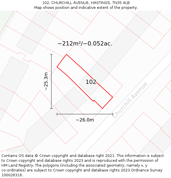 102, CHURCHILL AVENUE, HASTINGS, TN35 4LB: Plot and title map