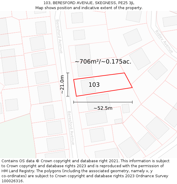 103, BERESFORD AVENUE, SKEGNESS, PE25 3JL: Plot and title map