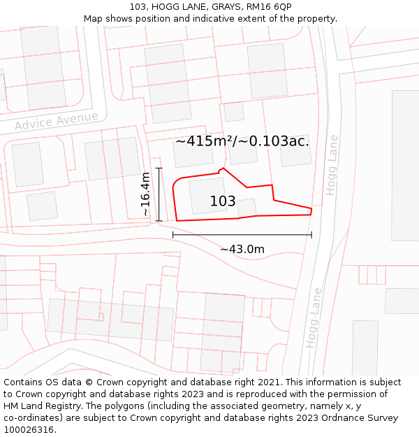 103, HOGG LANE, GRAYS, RM16 6QP: Plot and title map