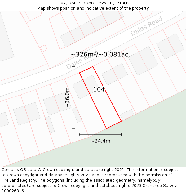 104, DALES ROAD, IPSWICH, IP1 4JR: Plot and title map