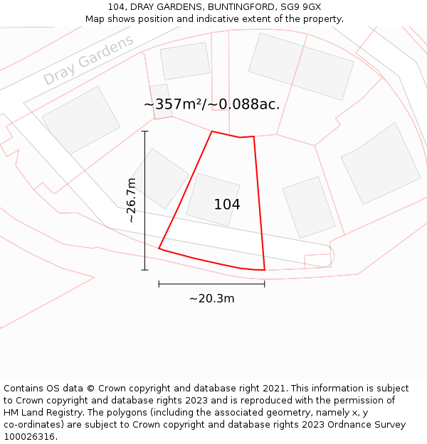 104, DRAY GARDENS, BUNTINGFORD, SG9 9GX: Plot and title map