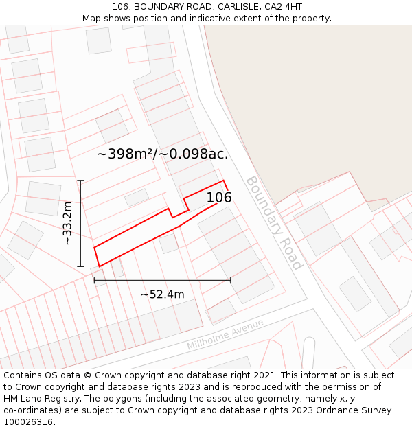 106, BOUNDARY ROAD, CARLISLE, CA2 4HT: Plot and title map